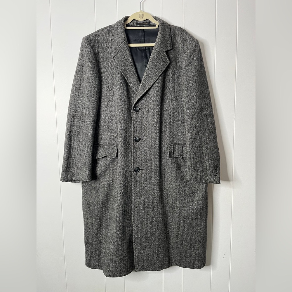 Vintage Adams Row Gray Herringbone Tweed Wool Overcoat Men's 44R *Mended*